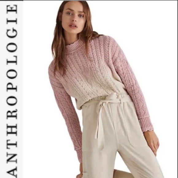 Final Price NWT  Anthropologie Marci Dip dyed Cable knit Sweater pink/cr Ombre S - Picture 2 of 11